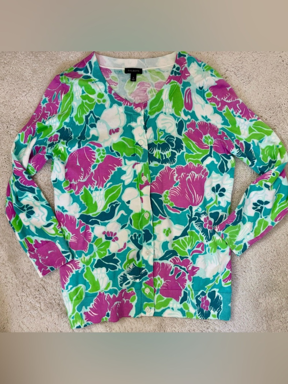 Talbots Teal, Fuchsia & Lime Floral Button Cardigan